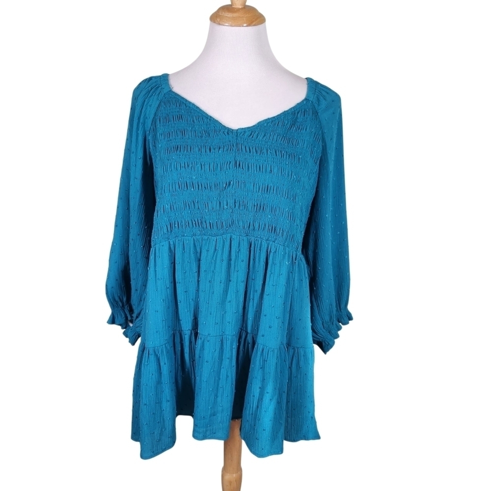 Torrid Teal Smocked Blouse, Sz 2X